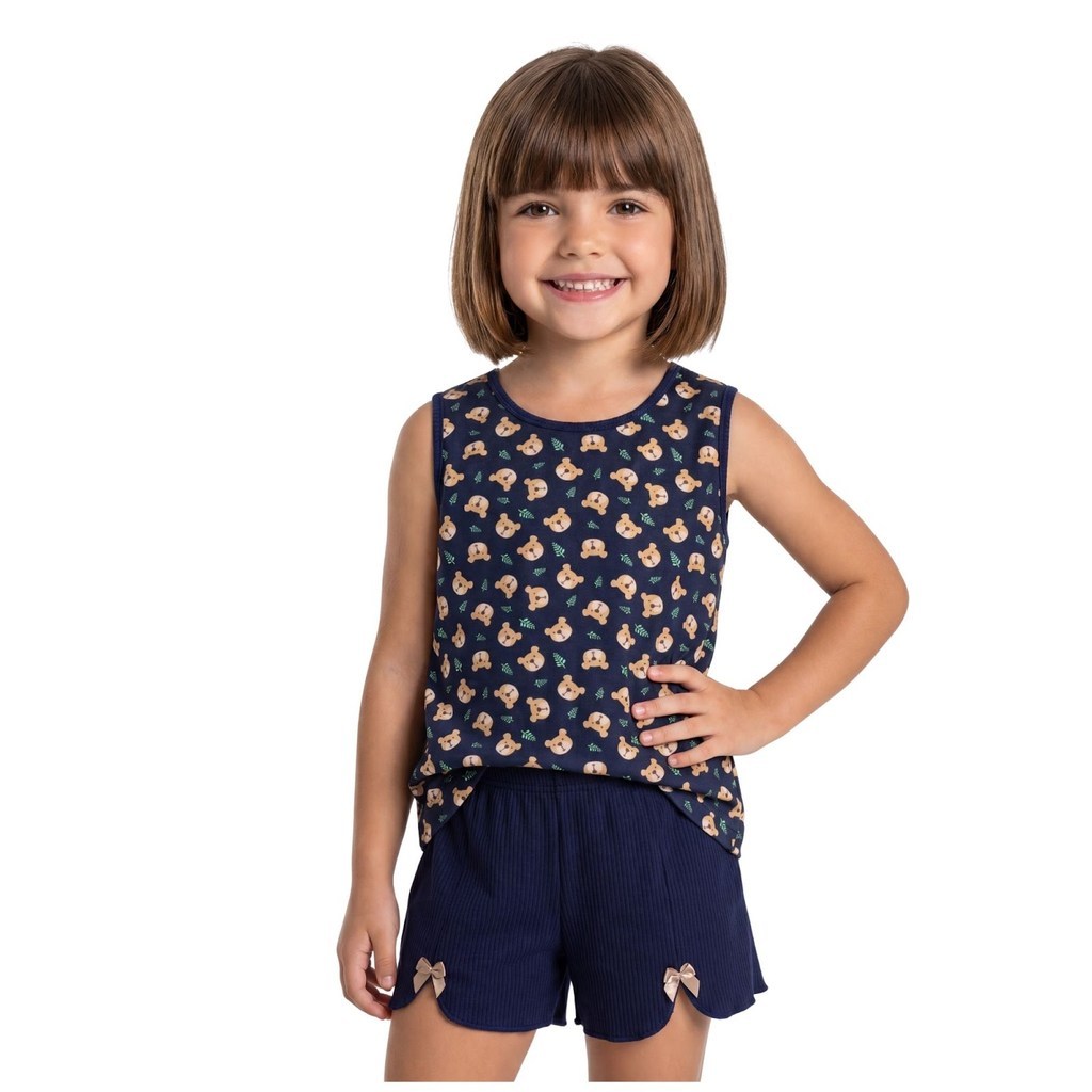 Baby Doll Infantil Regata e Short Canelado Marina, Conjunto Pijama Confortável Estampado Leve Basico