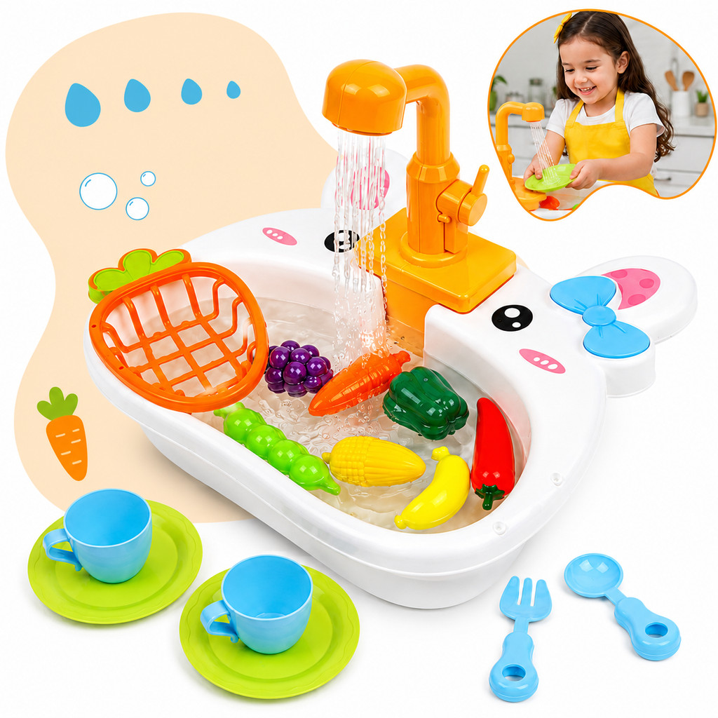 Pia De Brinquedo Coelhinho Infantil Cozinha Completa Sai Agua De Verdade Lava Louça Torneira Automática Kizumba