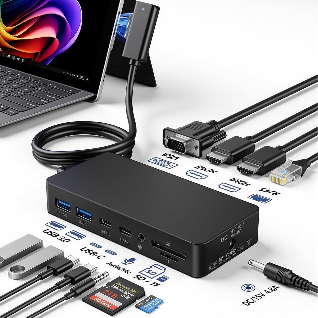 Estação de Acoplamento para Surface, Dock 12-em-1 com Suporte para Três Monitore