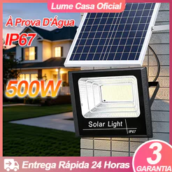 Refletor Solar Led 500W Holofote Placa Bateria Prova Dágua 6500k Preto Branco-frio