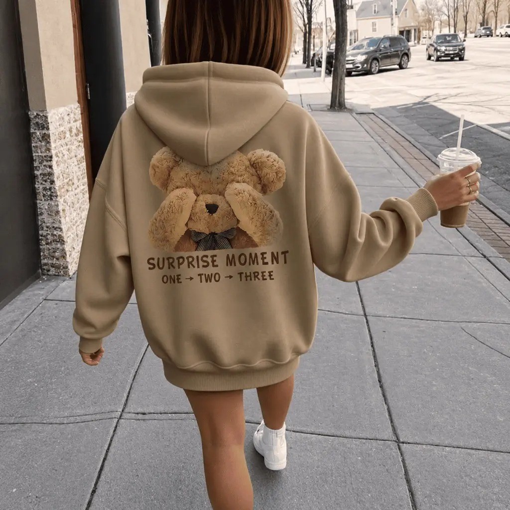 Moletom Canguru Infantil Feminino Ursinho Estampado Casual Inverno Confortável Quentinho Capuz Manga Longa Streetwear