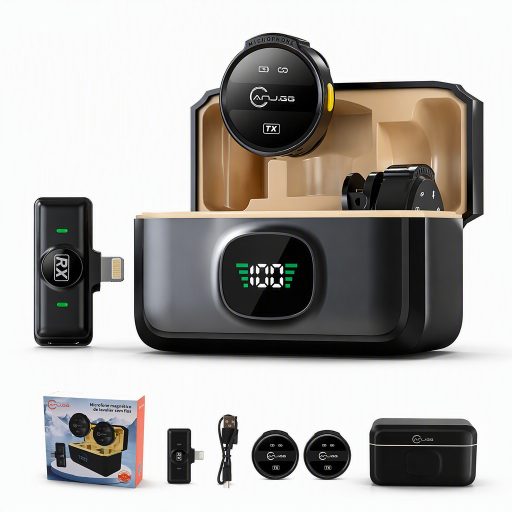 Microfone Sem Fio Duplo Para Celular 2.4G Com Estojo de Carregamento Plug e Play