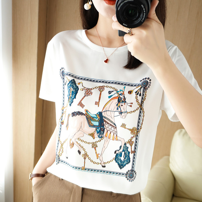 Camiseta de seda pesada feminina de manga curta impressa seda amoreira em torno do pescoço estilo ocidental camisa peque