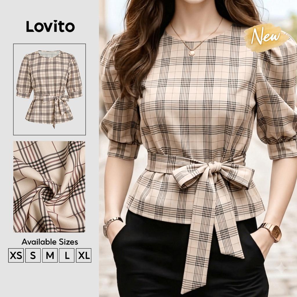 (New Arrival) Lovito Blusa Elegante Xadrez De Manga Curta E Gola Redonda Para Trabalho Feminina Primaveraverão BLB202P2D703