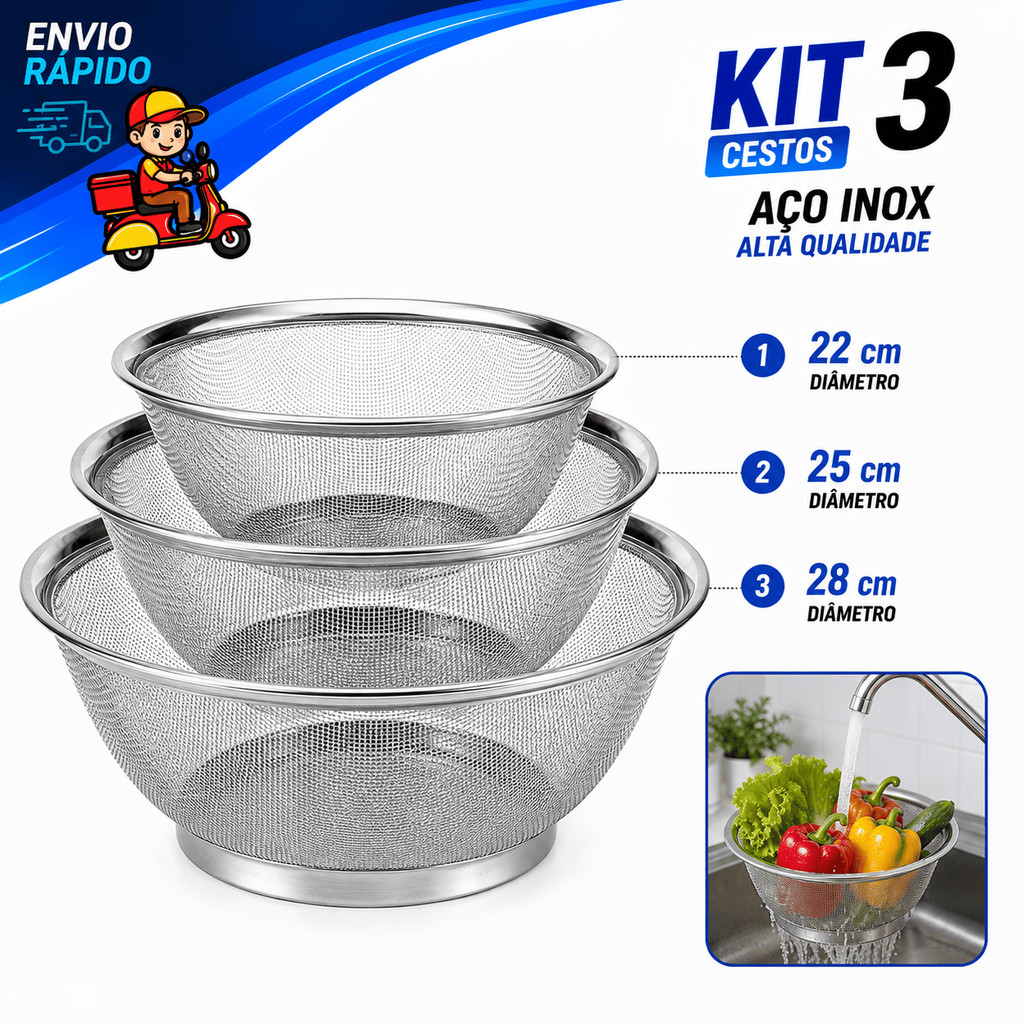 Cesta Escorredor Inox 22cm 25cm 28cm Cestos Para Lavar  Cozinhar Alimentos A Vapor Arroz Legumes Massas Frutas