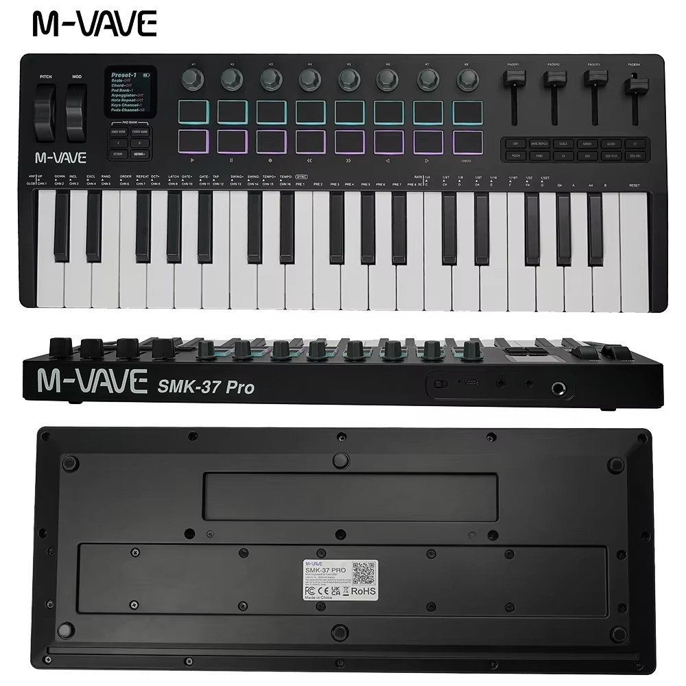 M-VAVE SMK-37 PRO Keyboard 37 key 3.5mm MIDI 16 RGB Drum Padswith Sound Source Supports Wireless Connection to Multiple