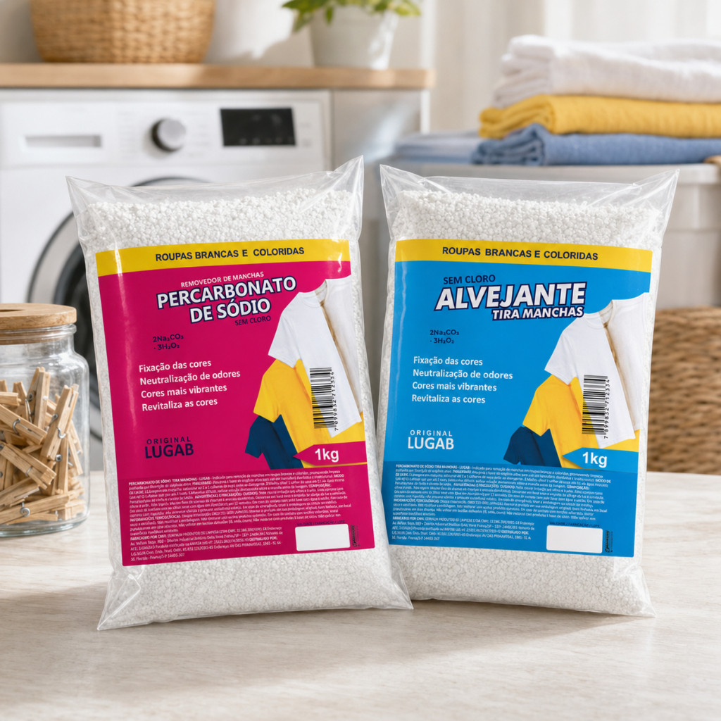 Kit Tira Manchas 1kg + Percarbonato de Sódio 1kg Alvejante Sem Cloro Limpeza Total Roupas Brancas e Coloridas Uso Diário