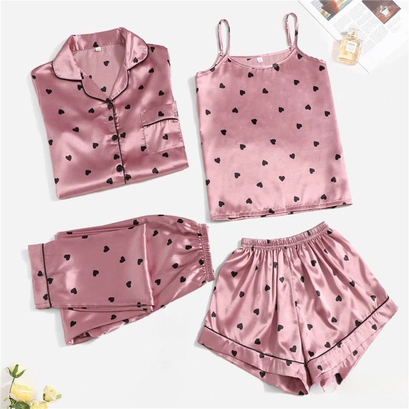 Conjunto de pijama de seda feminino de 4 peças com suspensório sexy calças de manga comprida cetim