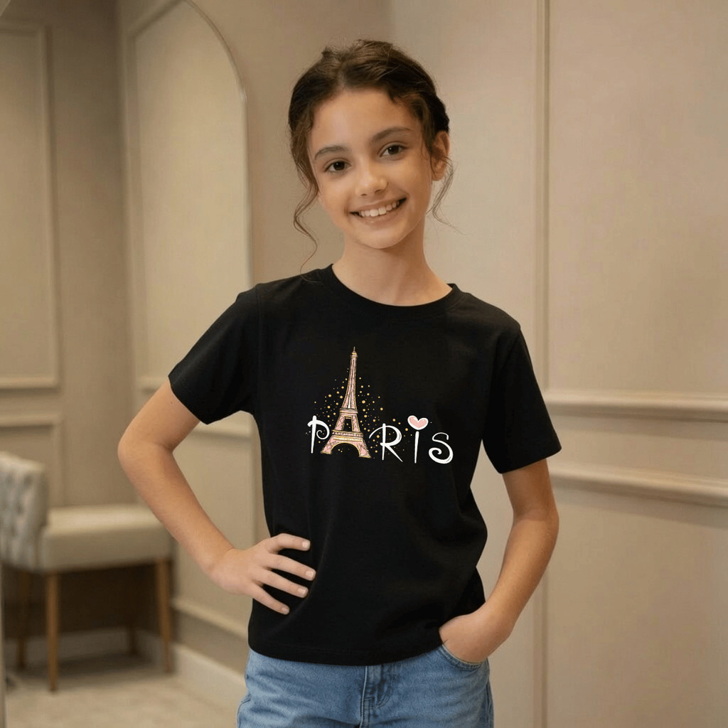 Camiseta Infantil Estampada Paris Feminino 100% Básica Manga Curta Unissex Masculina e Feminino Básica