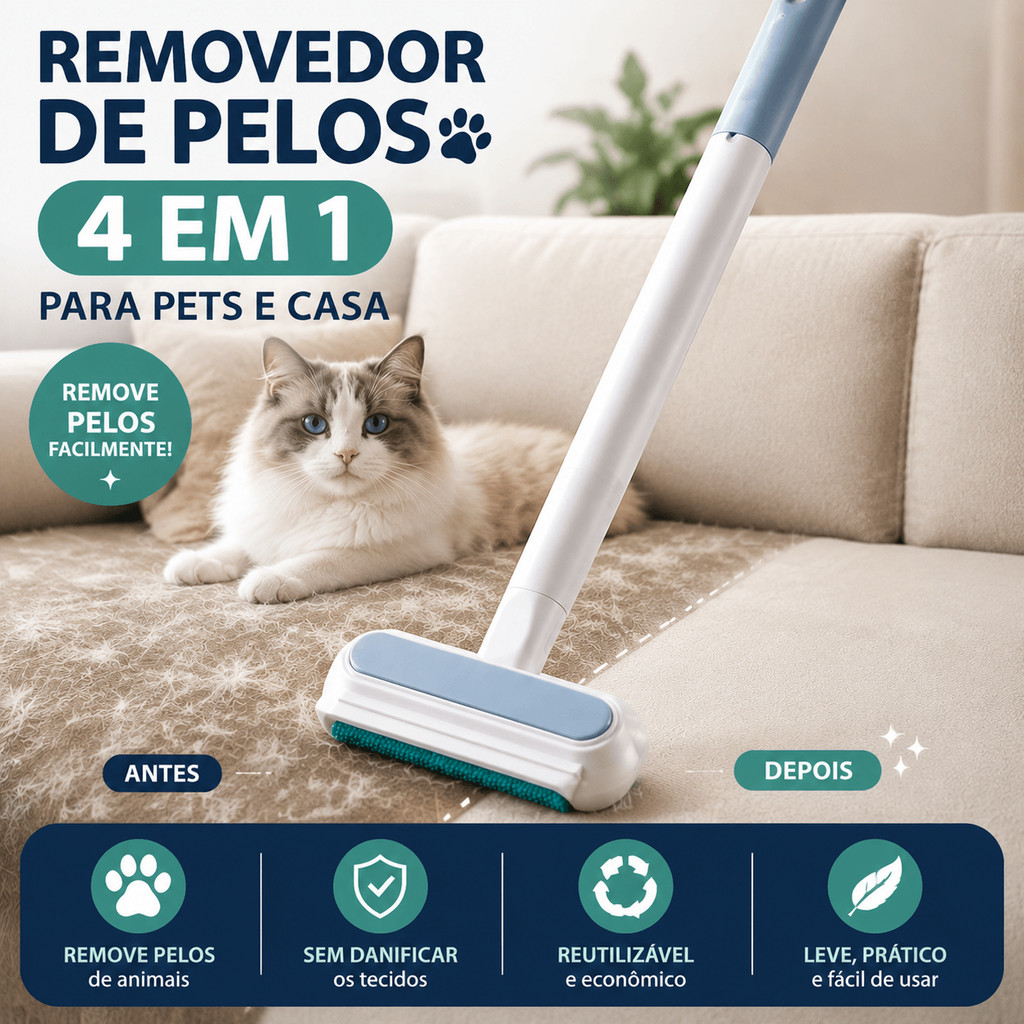 Removedor de Pelos 4 em 1 para Pets e Casa, Escova Multifuncional para Roupas, Sofá, Tapete e Tecidos