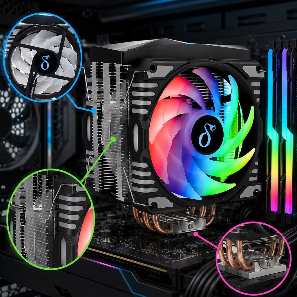 Cooler para Processador Intel AMD LED RGB Dual Fan 4 Heat Pipes 180W 120mm Ventoinha LGA1700 AM4 Aitek DELTA-C4218