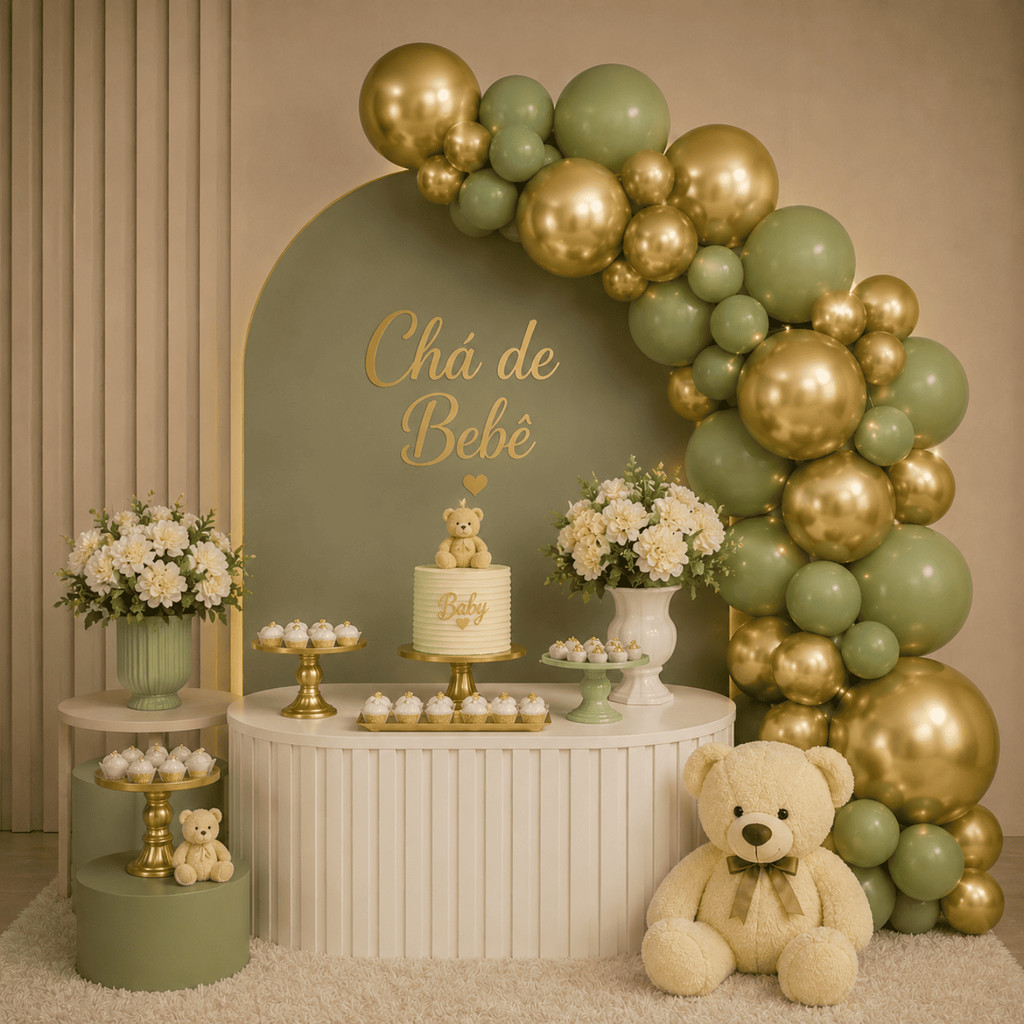 Kit 75 Bexigas 10' - Dourados e Verde Escuro Decoração Chá de Bebê Revelação Chá Cozinha Aniversário