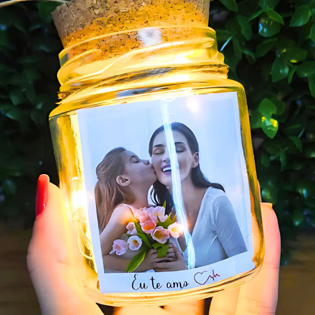 Luminária LED Luz no Pote com Foto - Personalizada Com sua foto - Presente namorado - mãe - amigo - Pais