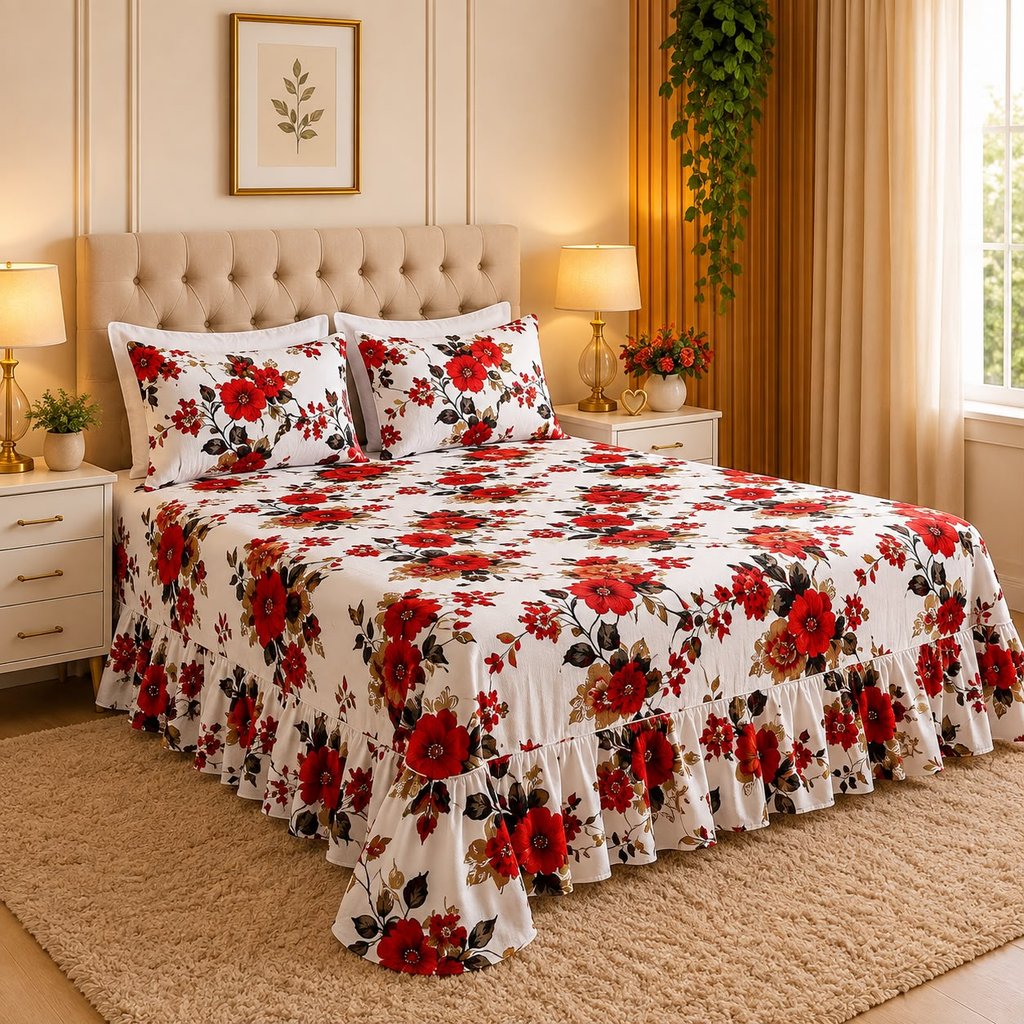 Colcha de Cama Casal Queen Cobre Leito Com Babado Com 2 Fronha Algodão Premium