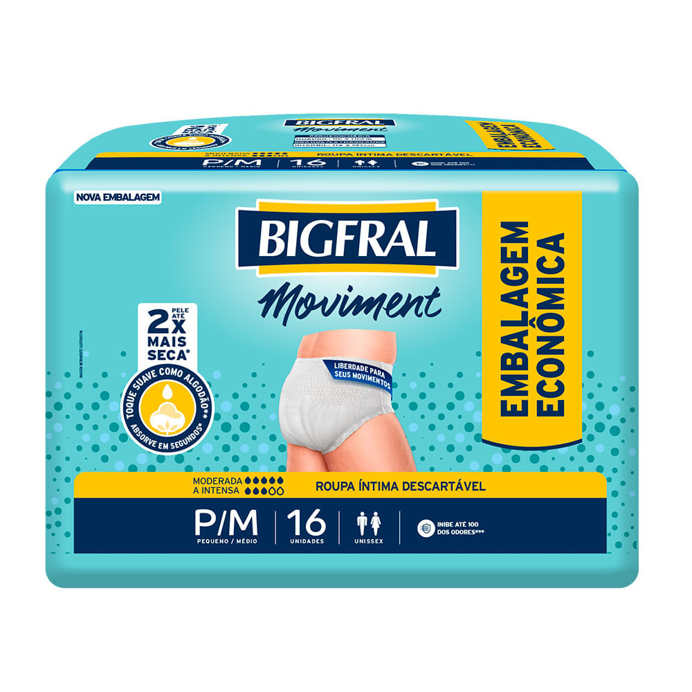 Roupa Íntima Bigfral Moviment Unissex P/M 16 Unidades