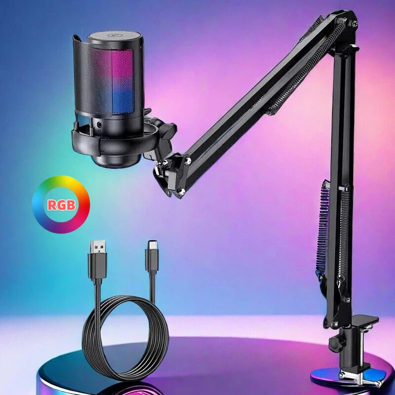Microfone Gamer Pc Condensador Rgb Com Braço Articulado suporte cantilever USB para gravação ao vivo ME6SP
