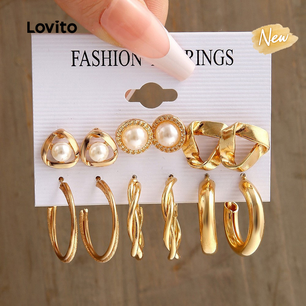 (New Arrival) Lovito Conjunto De Brincos De Pérola Elegantes/brincos De Metal ERFB126FX038