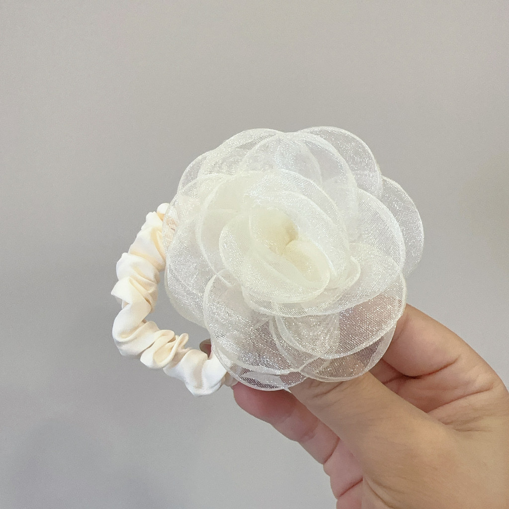Ano novo verão camélia Organza flor cabeça corda anel de cabelo feminino laço de borracha alta elástica durável grampo d