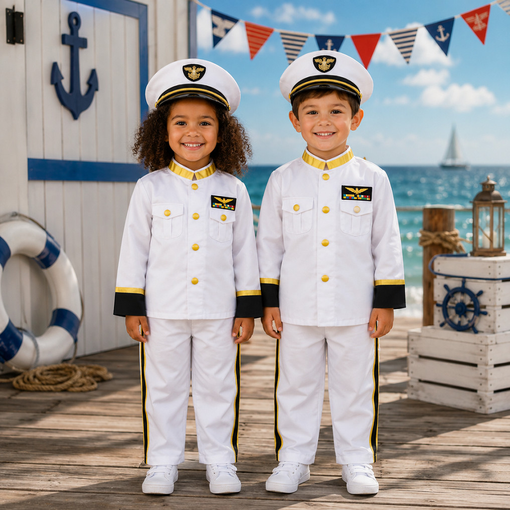 Fantasia Marinheiro Infantil 4 Peças Completa 3-8 anos Navio Capitão Festas Batizado Carnaval Cosplay Menino Menina