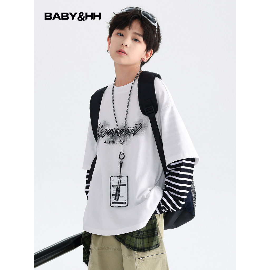 Meninos outono estilo coreano falso de duas peças listrado manga comprida camiseta 2026 novo estilo jovens crianças espo