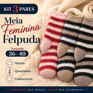 Kit 4 Pares Meia Cano Longo Felpuda Adulto P/ Frio E Inverno