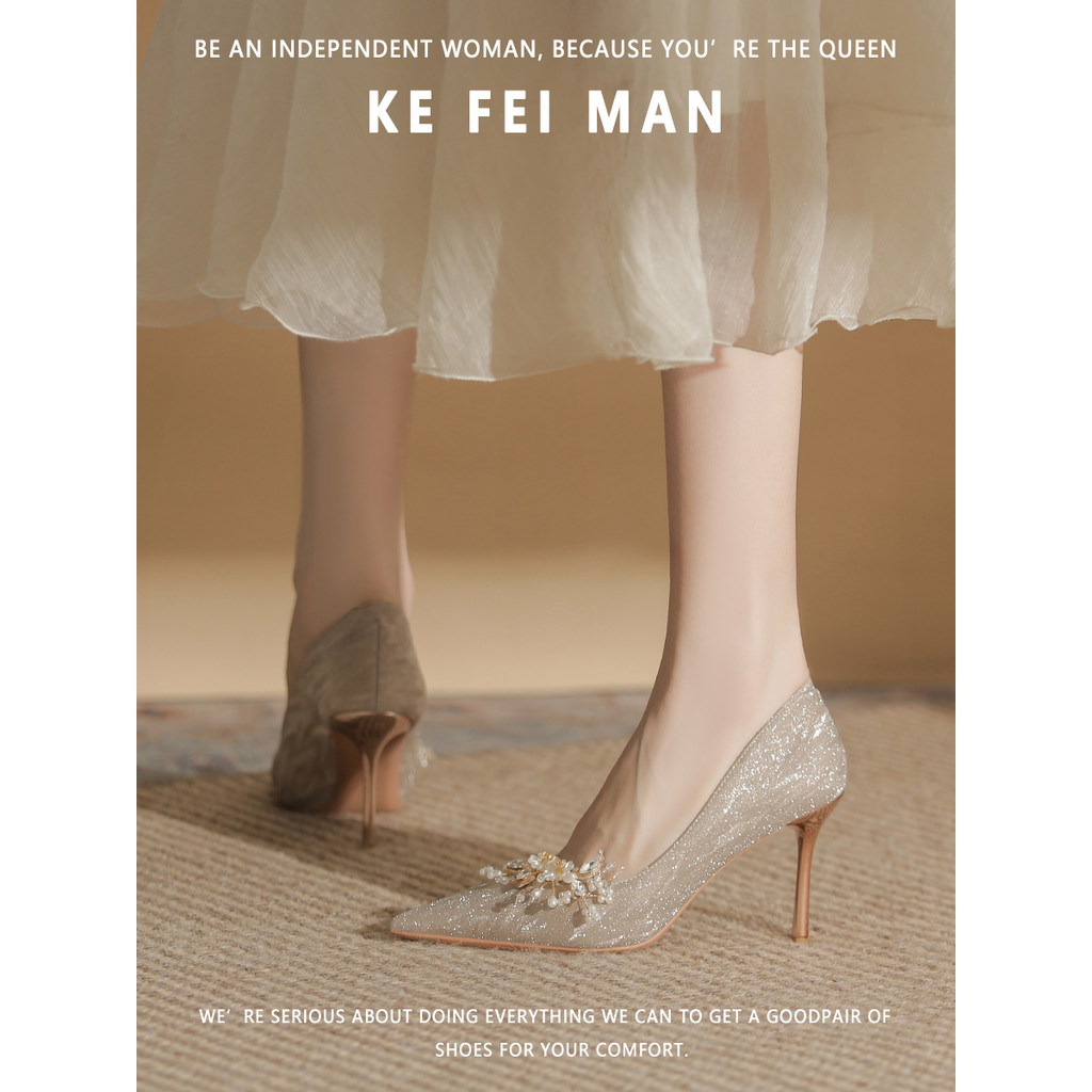 [Kefiman] Fivela destacável ~ Flor de pérola Salto alto feminino salto agulha pontiagudo de duas peças sapatos de casame
