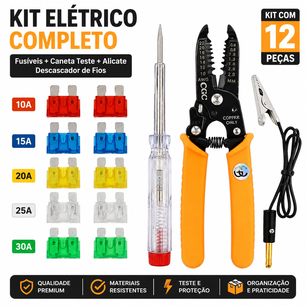 Kit Elétrico com Alicate Descascador de Fio, Chave de Teste e Fusíveis