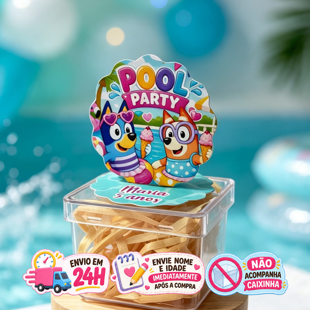 Aplique em Pé 3D Bluey Pool Party Personalizado Lembrancinha Festa Infantil Kit 10 a 50 unidades