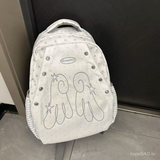 Mochila estilo coreano com estampa de bolinhas e asas de anjo, bolsa de ombro dupla fofa, mochila escolar de grande capa