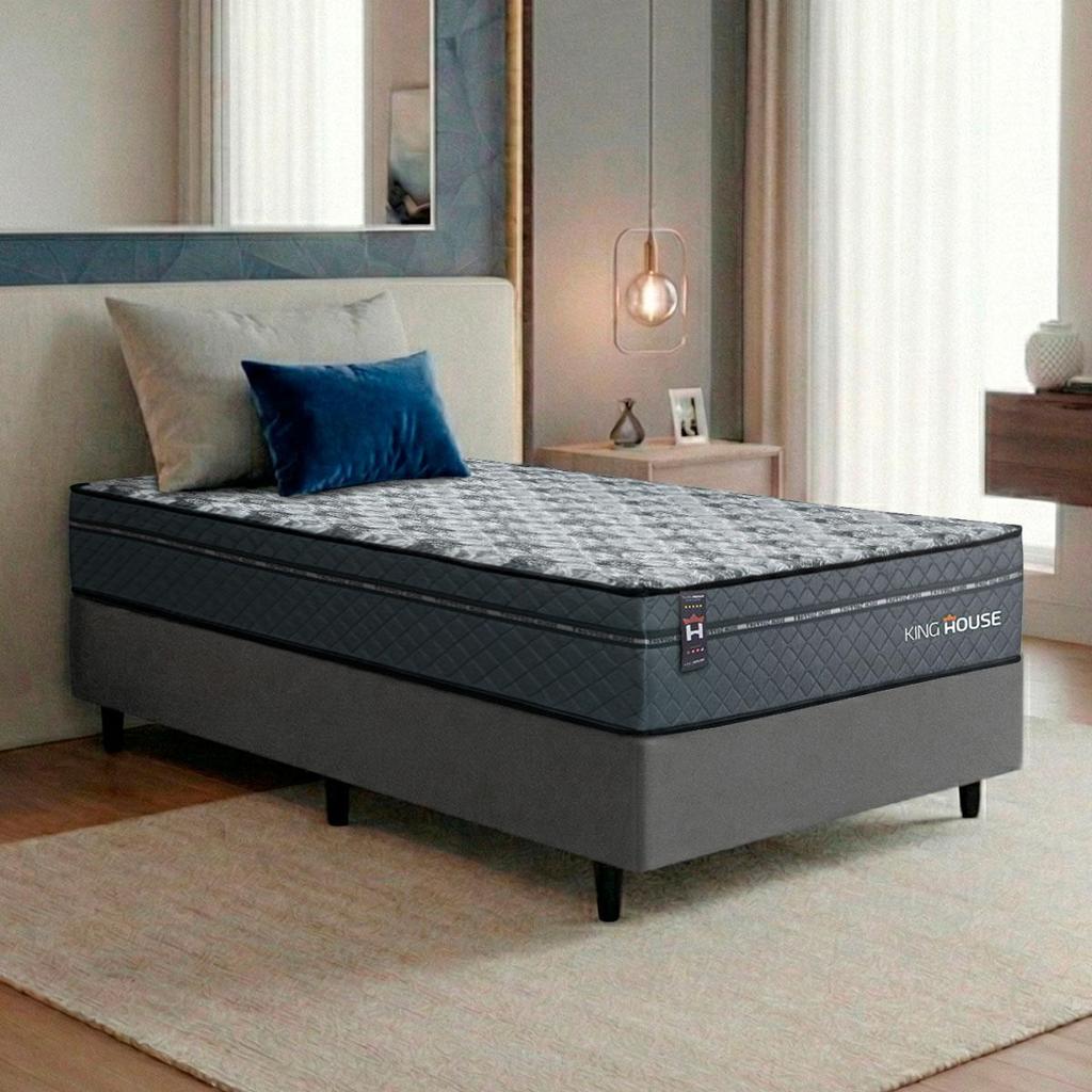 Conjunto Cama Box c/ Molas Ensacadas Montreal Cinza Solteiro 96x203x64