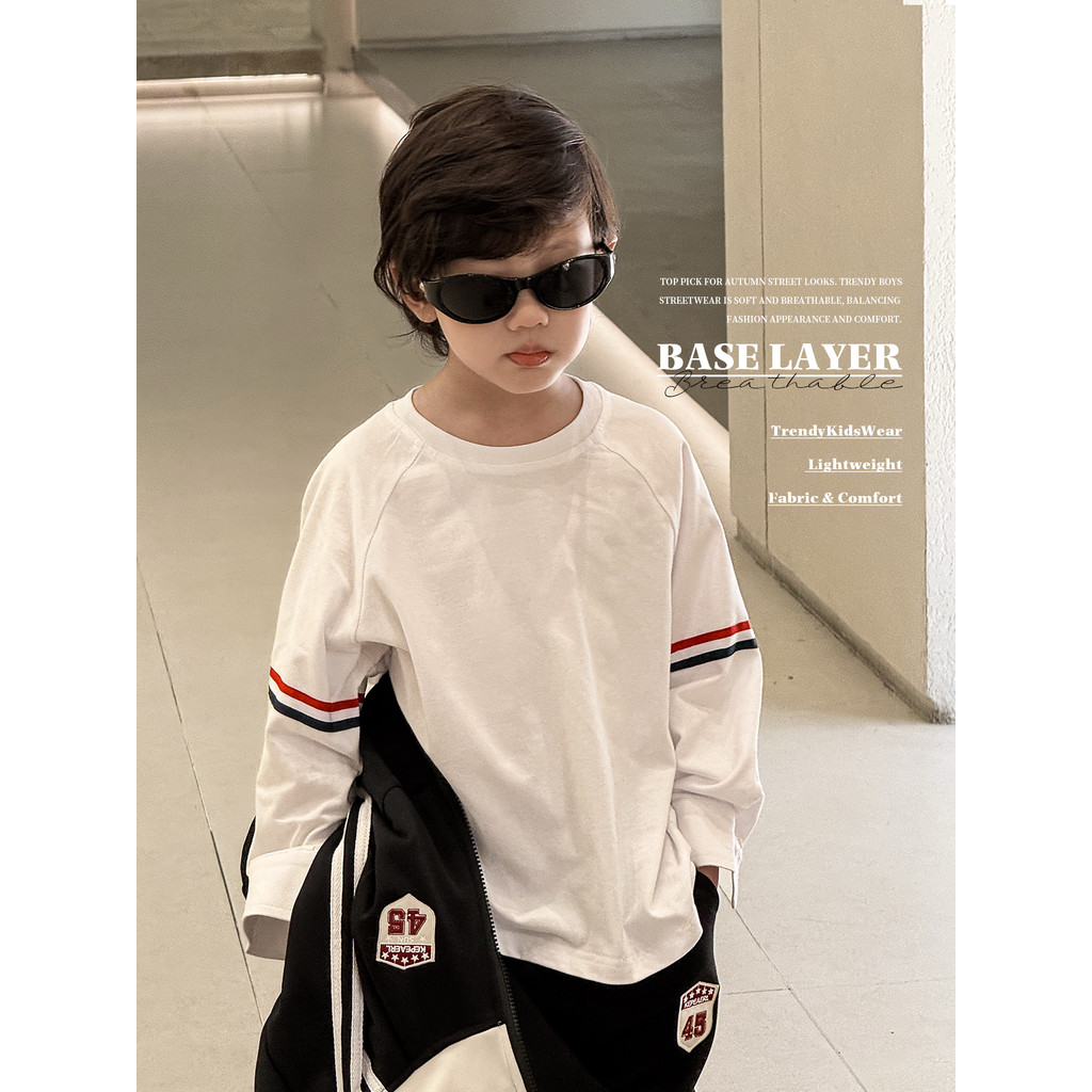 Meninos outono estilo branco de manga comprida camiseta solta All-Match crianças primavera outono camisa de fundo médio 