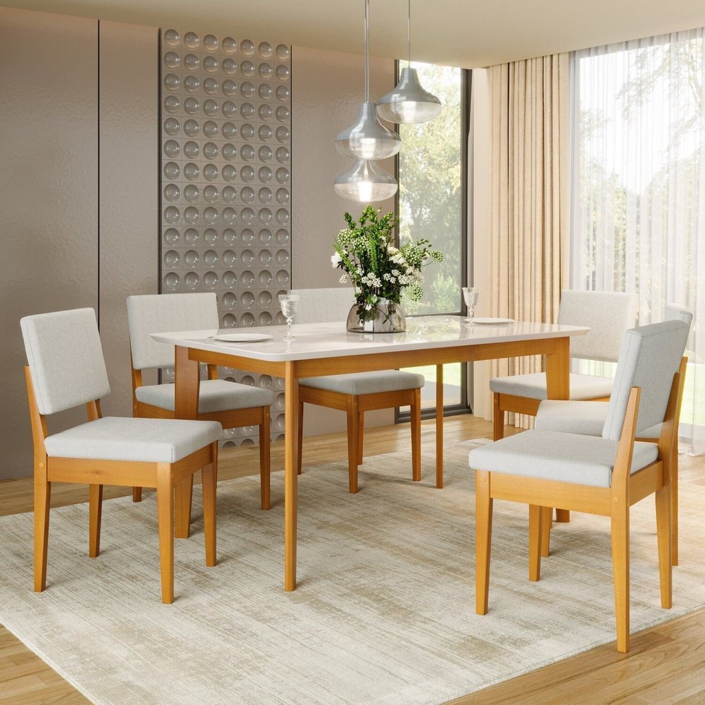 Conjunto Sala de Jantar Siera 6 Lugares Retangular Madeira Maciça Miami Marrom/Cerejeira/Nevoa Cerejeira Névoa