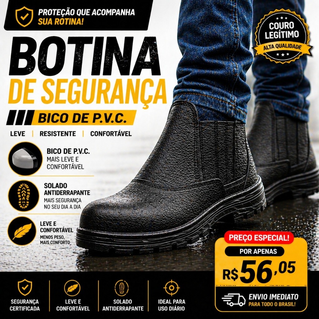 Botina Segurança Masculina Couro Bico PVC Elástico Antiderrapante Trabalho Confortável CA