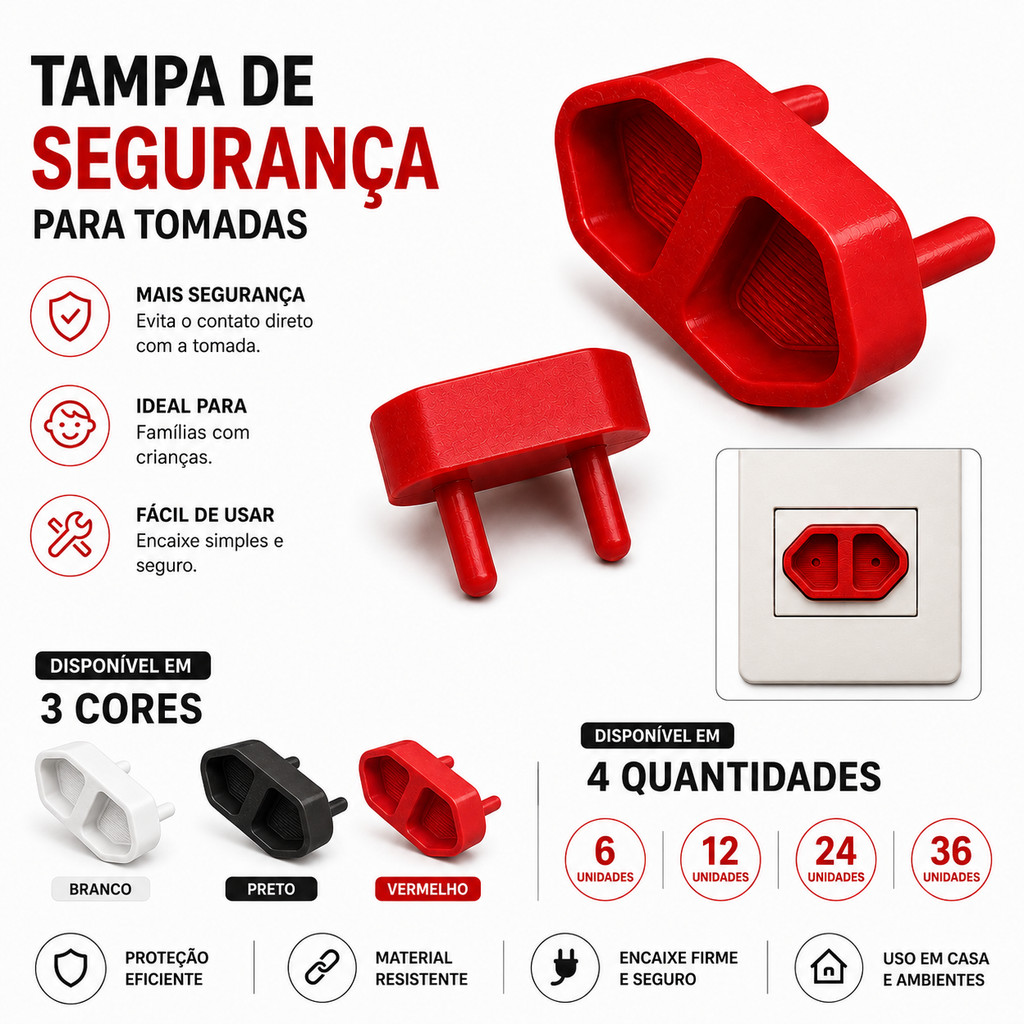Kit 6/12/24/36 Protetor Tomada Criança e Bebê Segurança Contra Choque Elétrico Protecao Infantil Pino