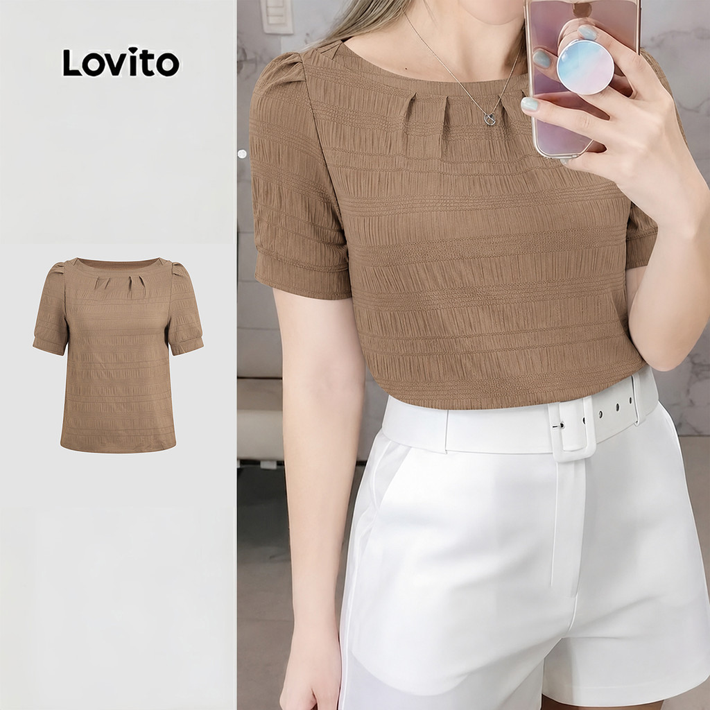 Lovito Elegante Blusa Longa Plissada de Manga Curta para Primavera/verão Cáqui Feminina LK4ED844