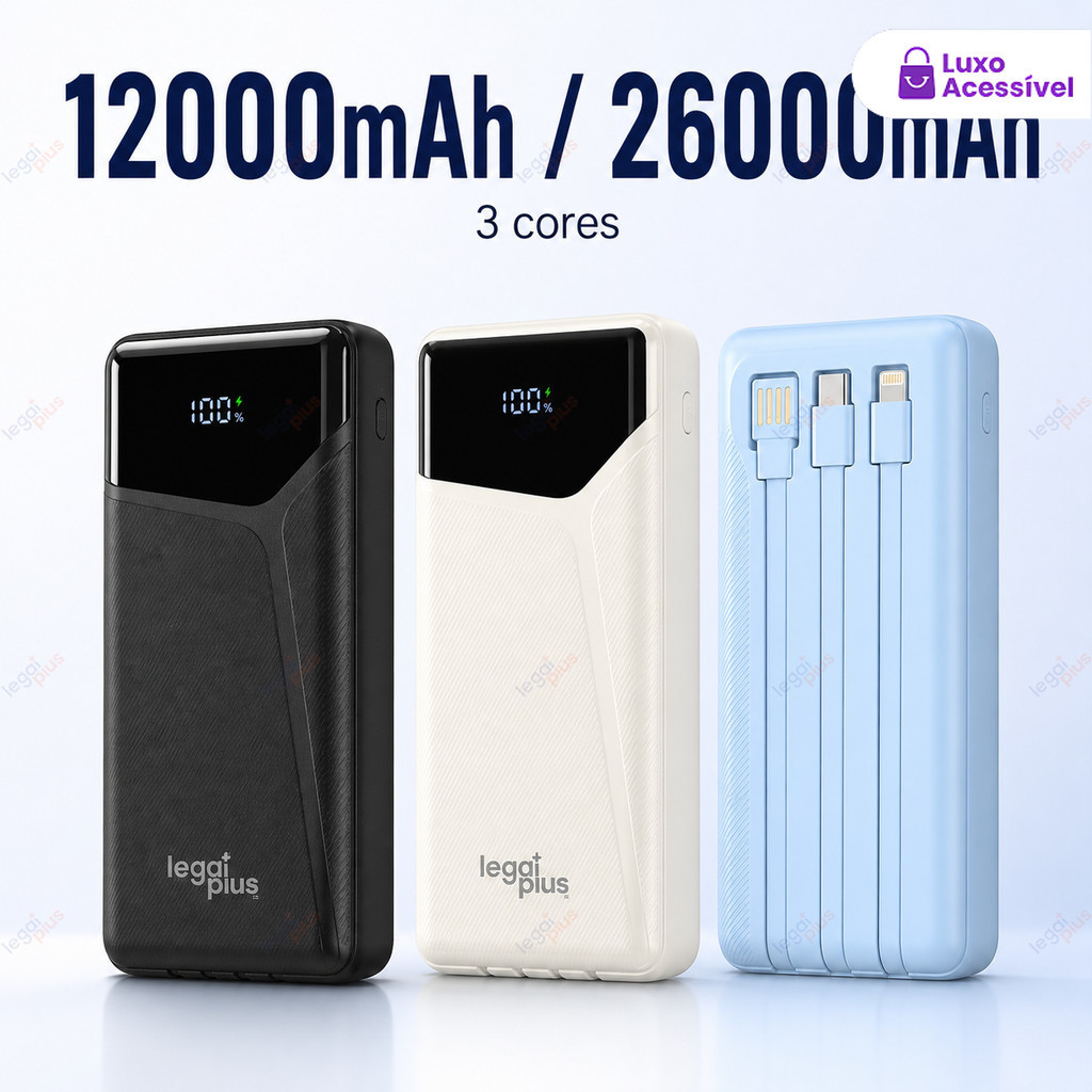 Power Bank 12000/26000mAh Carregador Portátil 3 Cabos Tela LED Tipo C Lightning Alta Capacidade Multiuso