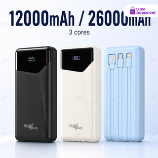 Power Bank 12000/26000mAh Carregador Portátil 3 Cabos Tela LED Tipo C Lightning Alta Capacidade Multiuso