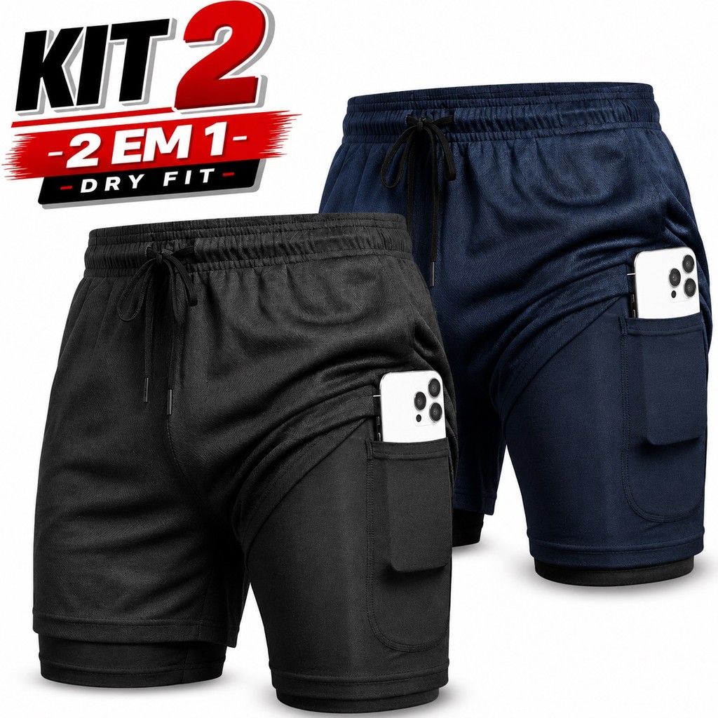 Kit 2 Shorts Compressão Short Dryfit Academia 2 em 1 Masculino Esporte Bermuda Treino Masculina