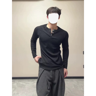 Camisa americana Waffle Henry masculina, macacão solto de manga comprida, camiseta com fundo texturizado de meio cardigã