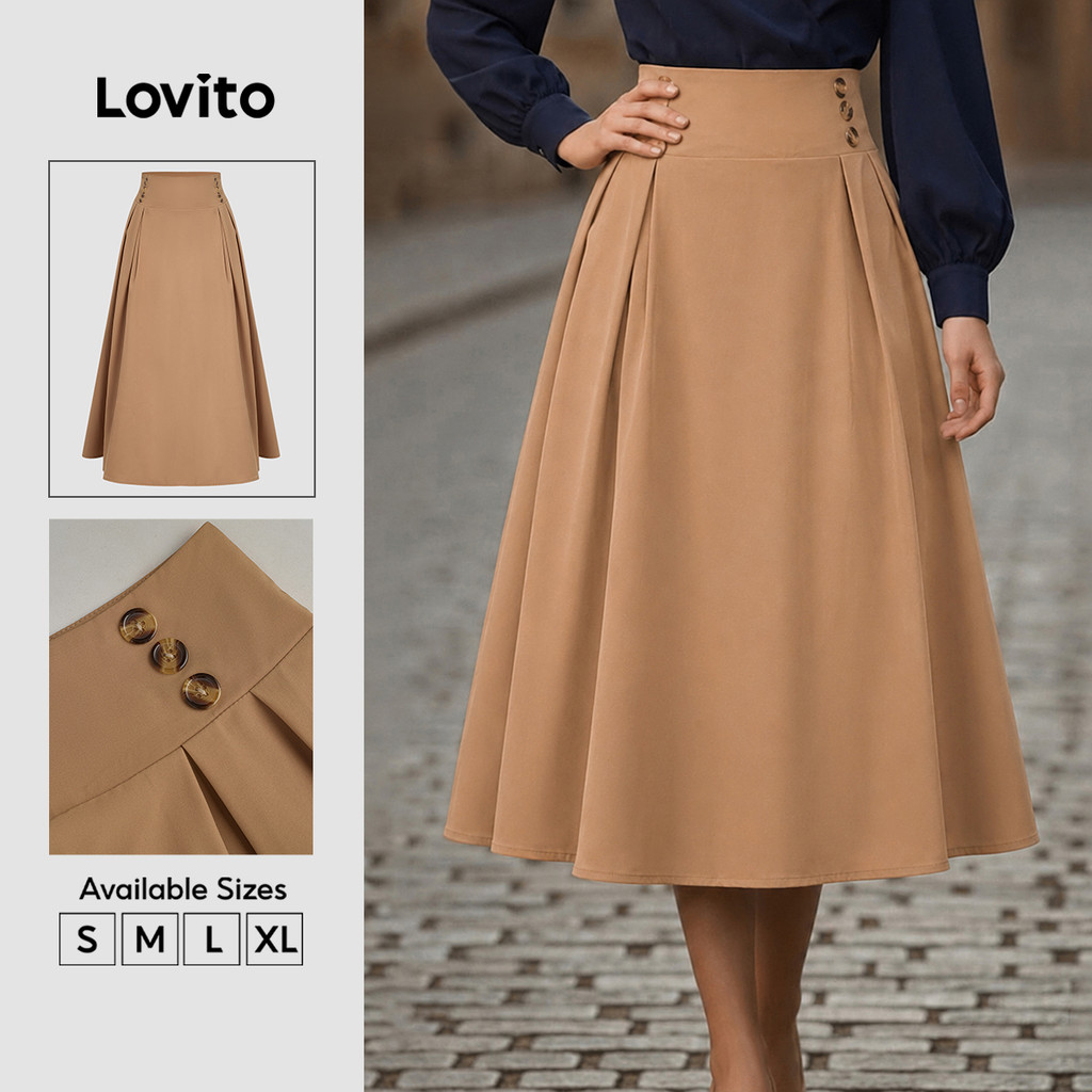 Lovito Saias Elegantes para Commute Saias Cáqui com Botão Duplo Primavera/Verão SKK8BR224