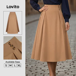 Lovito Saias Elegantes para Commute Saias Cáqui com Botão Duplo Primavera/Verão SKK8BR224