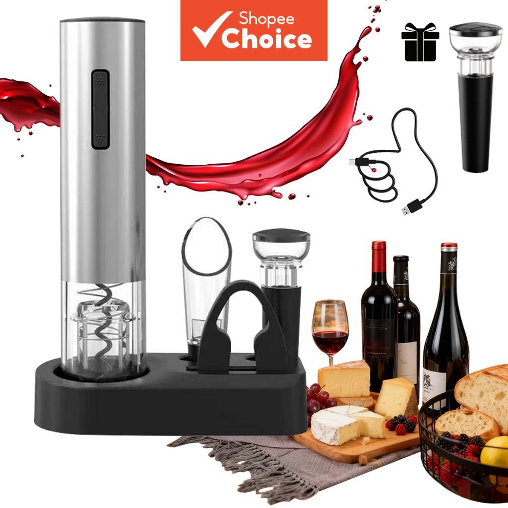 Conjunto De Abridor De Vinho Elétrico Sem Fio 4 Em 1 Com Base Organizada , Cortador De Folha , Derramador E Rolha De Vác