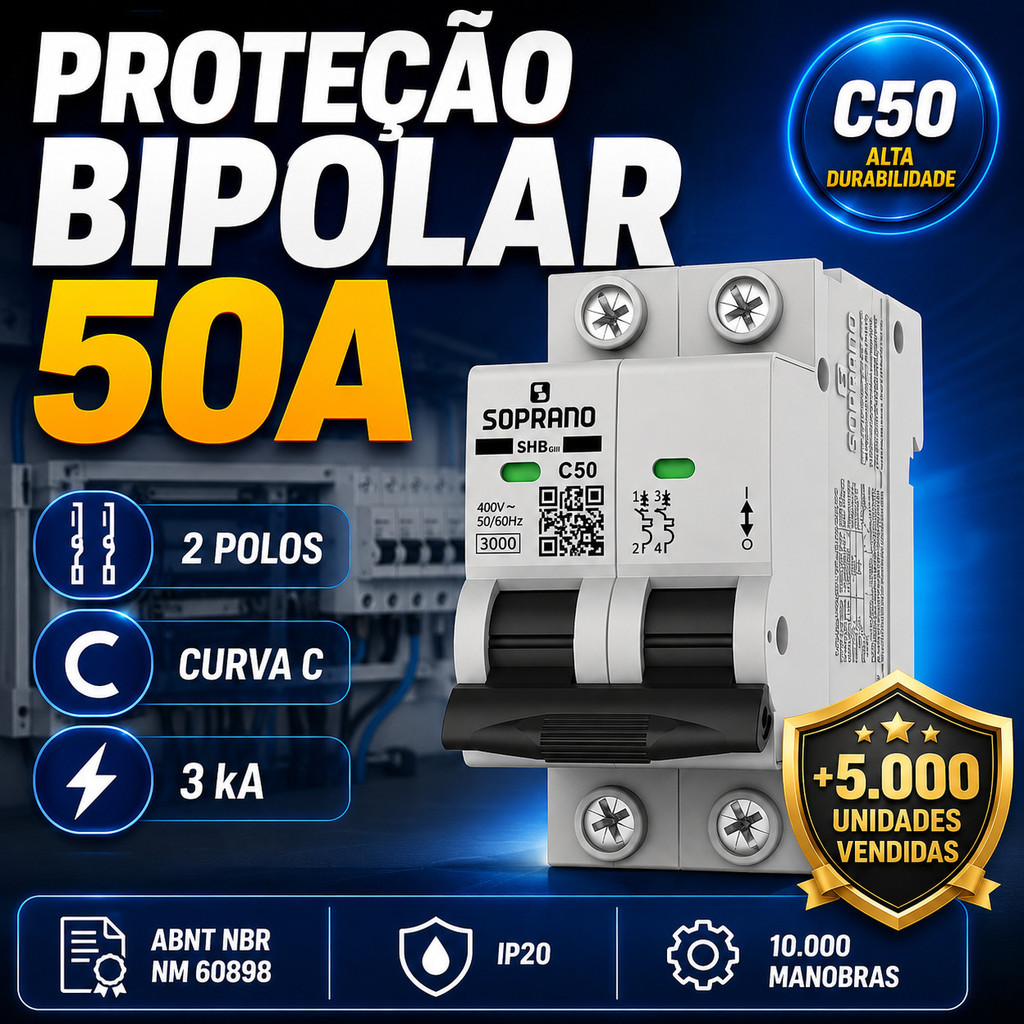 Disjuntor Trilho DIN Bipolar 50A Soprano Curva C Original P/ Quadro de Distribuição Residencial — oferta na Shopee