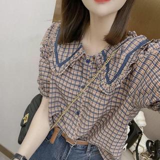 [Venda com desconto por tempo limitado] Camisa xadrez com gola de boneca e manga bufante, Design de nicho com sensação e