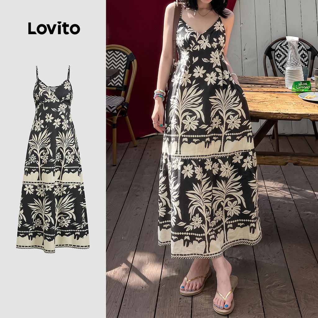 Lovito Vestido Boho com Zíper Primavera/verão Preto para mulheres DRK8P1D1024