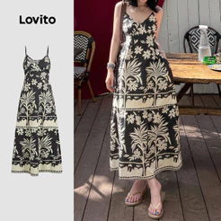 Lovito Vestido Boho com Zíper Primavera/verão Preto para mulheres DRK8P1D1024