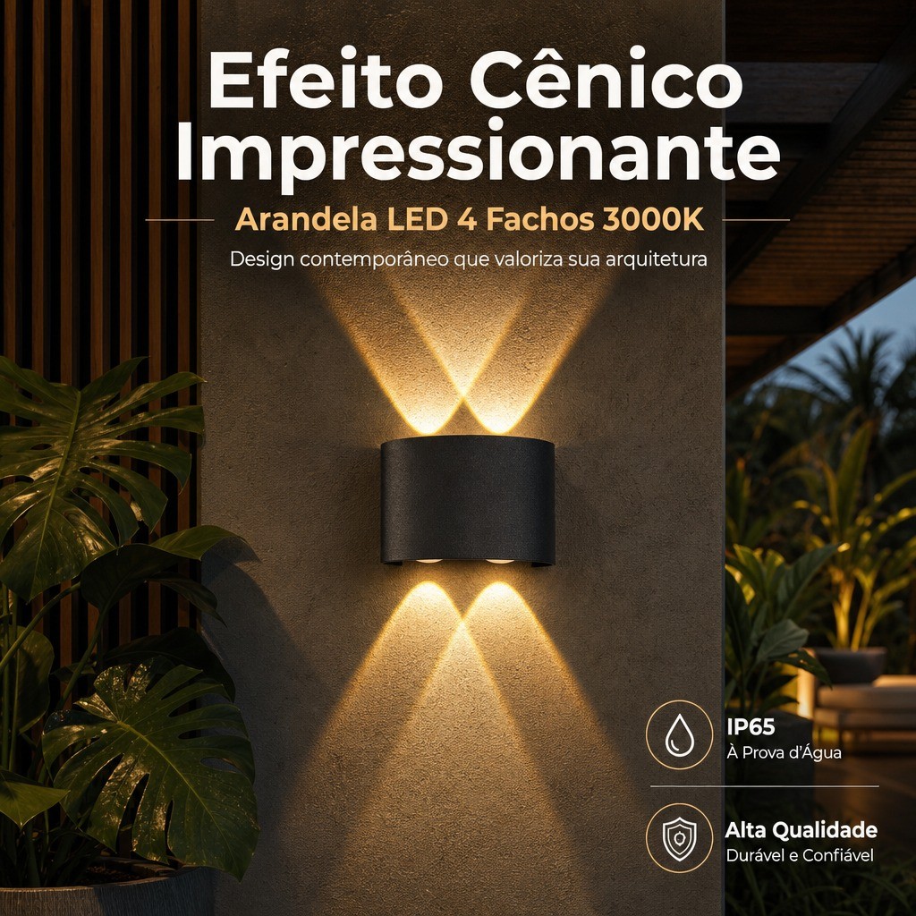 Arandela Parede 4 Fachos Led 4w Preta 3000k Ip65 Bivolt