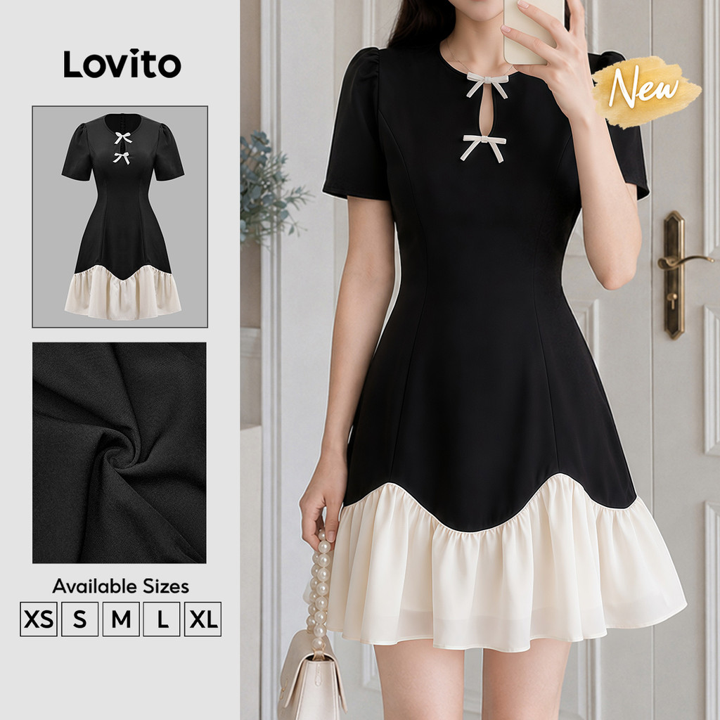 (New Arrival) Lovito Elegante Vestido Curto Flare Preto E Branco Costura Contraste Primavera Verão Trabalho Para Mulheres DRB205P2D308