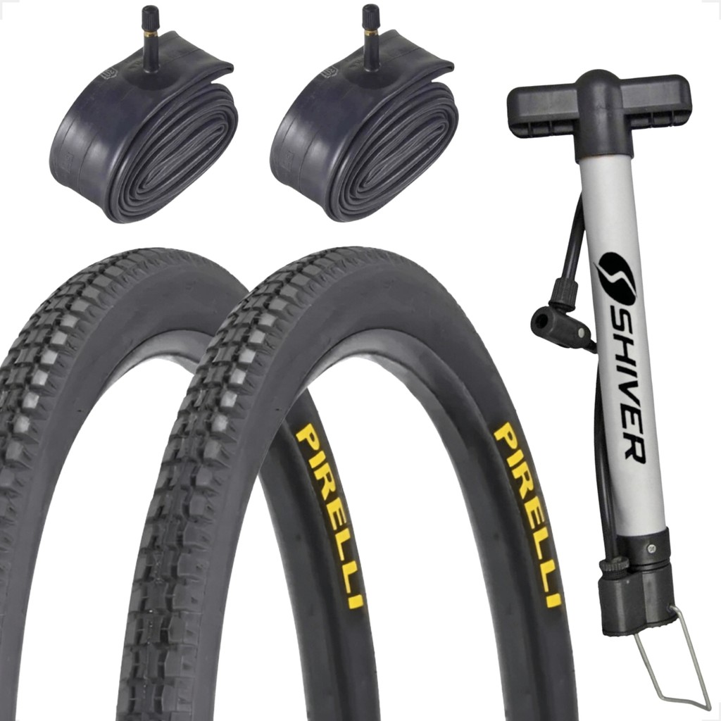 PAR PNEU 26 X 1.1 / 2X2 PRIMOR PIRELLI + PAR CAMARA + BOMBA MANUAL SHIVER MONARK CALOI TROPICAL