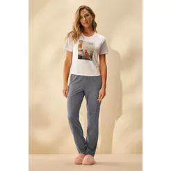 Pijama Feminino Manga Curta Gato Marialícia Branco